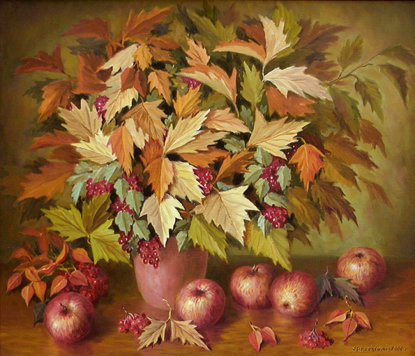 Осенние листья и яблоки
