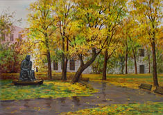 Rainy day. Julia Zhemaites Monument in a park in Gediminas avenue 